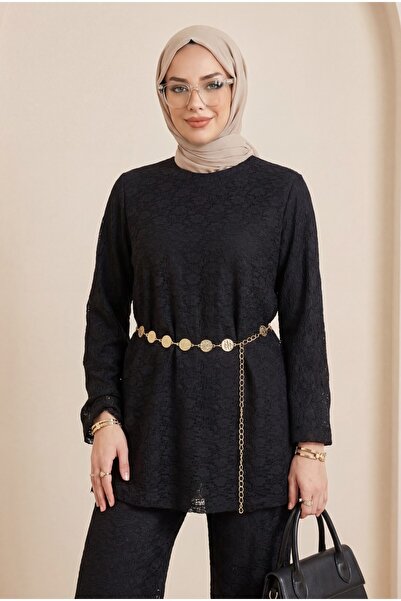 Modamorfo طقم بنطلون بياقة مستديرة حزام قطعة مع بطانة مفصلة - أسود