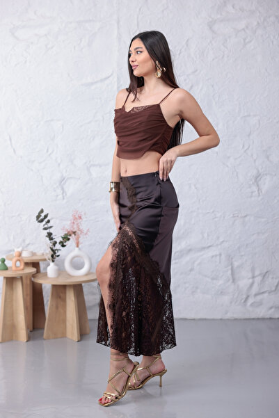 happinice Σατέν φούστα με δαντέλα και λεπτομέρειες