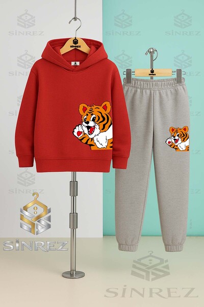 SİNREZ Children's Unisex Yandan Cute Tiger Hooded Tracksuit Set
