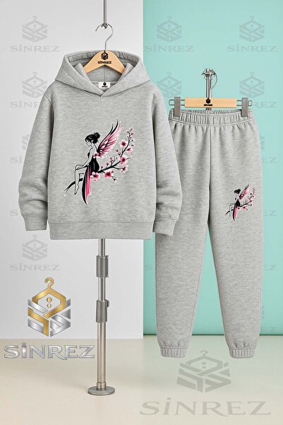 SİNREZ Children's Unisex Girl's Flower Butterfly Hooded Tracksuit Set