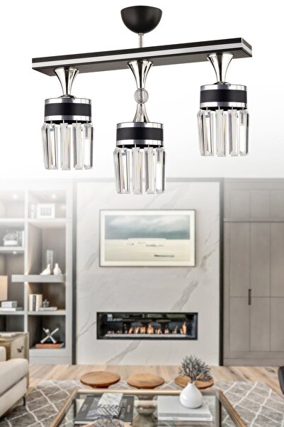 Allians Şık 3’lü Siyah Krom Yaldızlı Kristal Taş Modern Avize