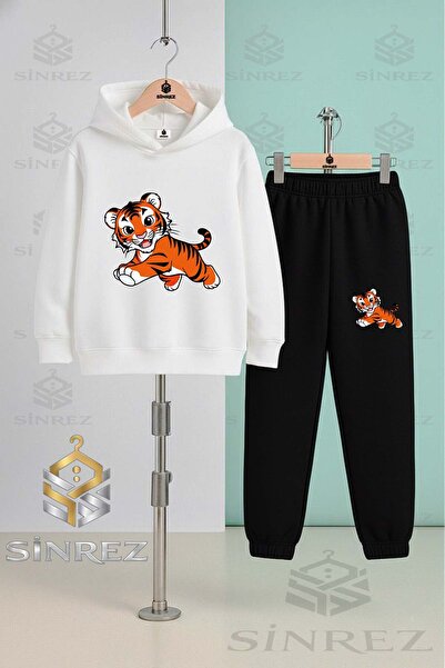 SİNREZ Children's Unisex Tiger Drawing Cute Hooded Tracksuit Set