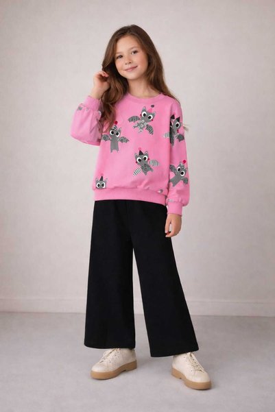 Chic Kids Wear Girl's Bat Cat Patterned Sweatshirt Wide-Leg Pants Set