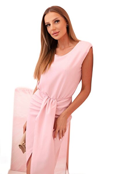 Kesi Sukienka damska elegancka z gumką w talii i rozcięciem jasno różowa