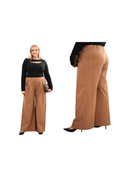 Kesi Spodnie damskie Plus Size z szerokimi nogawkami i plisowaniem camelowe