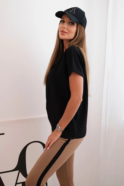 Kesi Set de damă negru din bumbac, format din bluză și colanți cu dungi