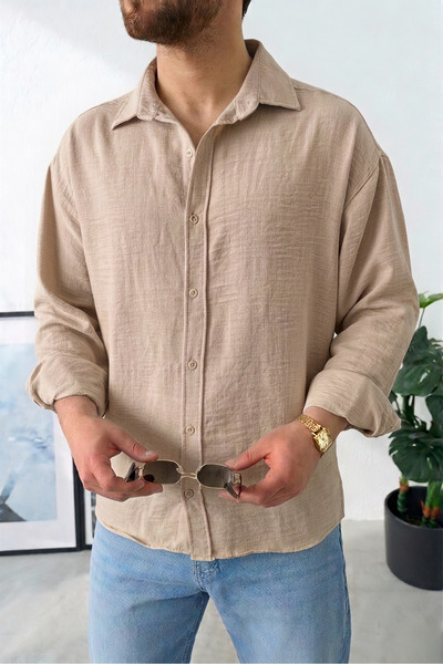 Wonraces Ανδρικό πουκάμισο oversized Pera με μακριά μανίκια Λινό