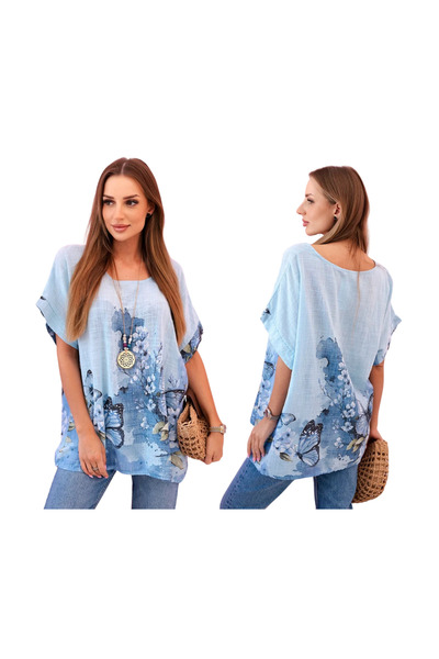 Kesi Niebieska bluzka damska z motywem motyli i kwiatów oversize z krótkim rę...