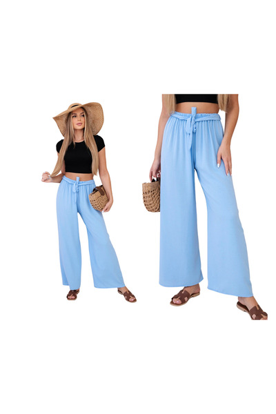 Kesi Niebieskie spodnie damskie z szerokimi nogawkami i wiązaniem w pasie