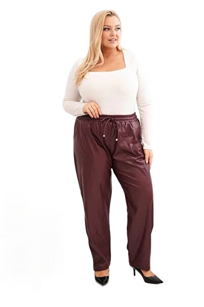 Kesi Spodnie damskie Plus Size ocieplane z ekoskóry z wysokim stanem bordowe