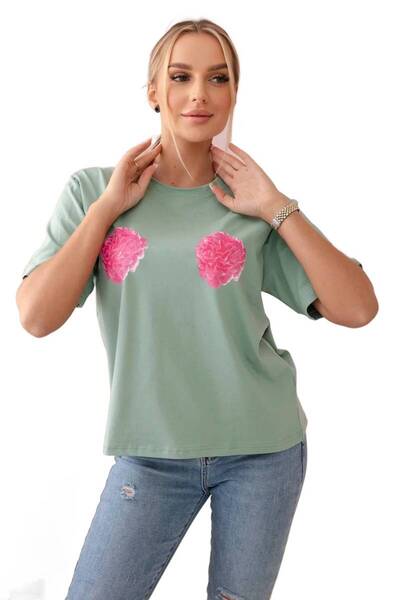 Kesi Bluzka bawełniana z nadrukiem kwiatów ciemno miętowa