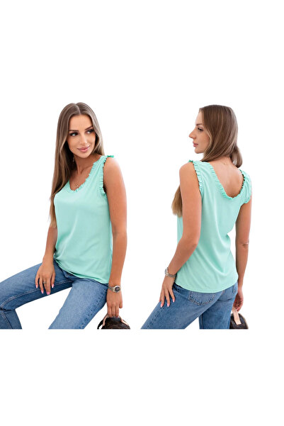 Kesi Miętowa bluzka damska bez rękawów z falbanką przy dekolcie
