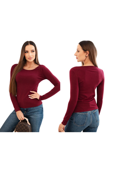 Kesi Pulover de damă din viscoză cu decolteu rotund și croială mulată, bordo