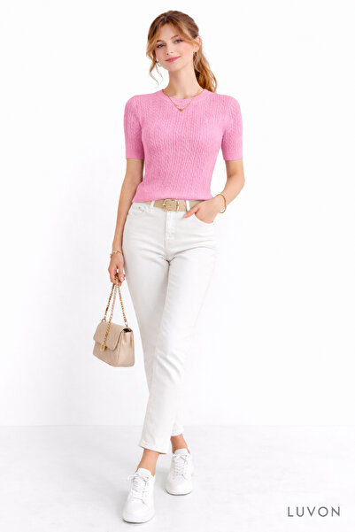 LUVON Pink Short Sleeve Crew Neck Slim Fit Women's Sweatshirt