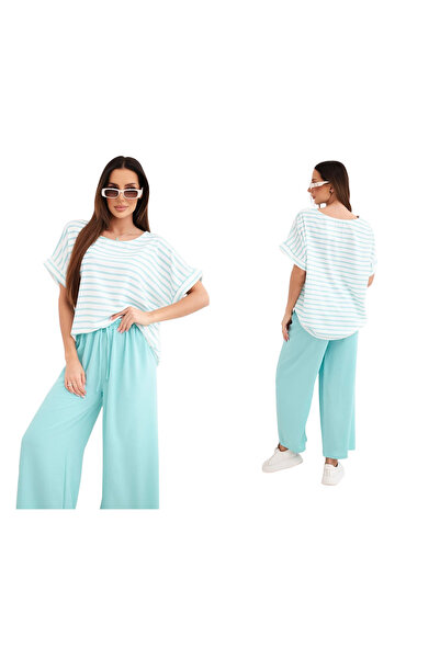 Kesi Set de damă cu dungi din viscoză mentă și pantaloni largi