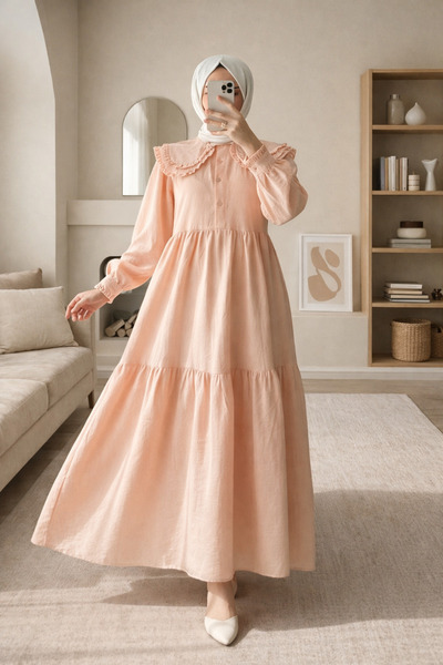 bellura Bebe Yaka Fırfırlı Parçalı Keten Elbise