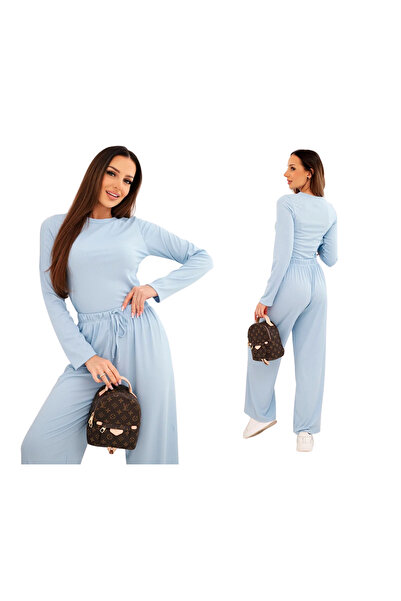 Kesi Set albastru de damă din viscoză, cu bluză și pantaloni largi