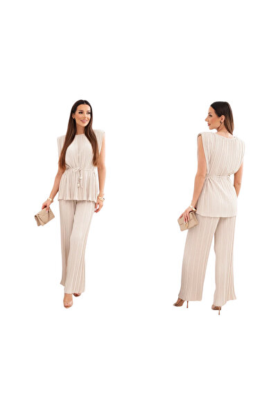 Kesi Set bej plisat pentru femei, cu bluză fără mâneci și pantaloni largi