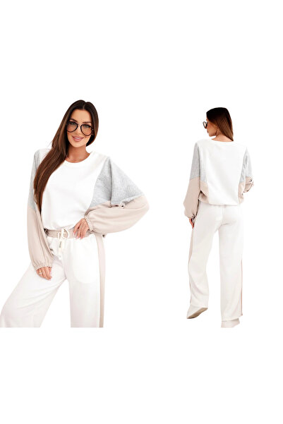 Kesi Set bej pentru femei, sportiv și elegant, cu inserții contrastante