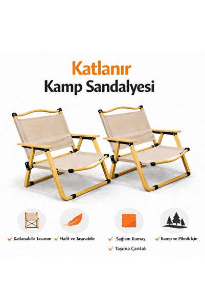 Vi Caro Katlanır Kamp Sandalyesi 2'li Set Taşıma Çantalı Ahşap Kolçaklı Kamp ...
