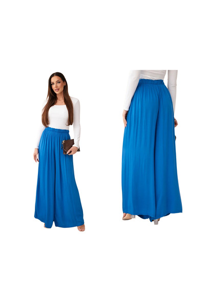 Kesi Pantaloni largi de damă din viscoză, albastru-albăstrele, cu talie înaltă