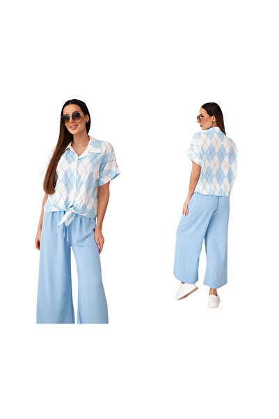 Kesi Set de damă din viscoză albastră, format din bluză cămașă și pantaloni l...