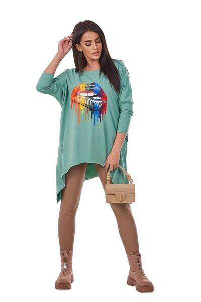 Kesi Bluzka oversize z nadrukiem tęczowych ust ciemny miętowy