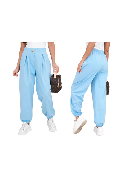 Kesi Pantaloni albaștri de damă cu talie înaltă și nasture decorativ