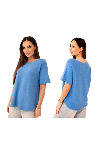 Kesi Bluză tricotată supradimensionată albastră pentru femei, cu mâneci scurte