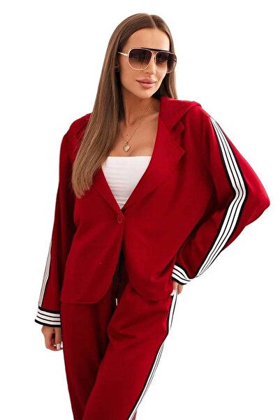 Kesi Czerwony komplet damski z wiskozą z lampasem i marynarką sportową