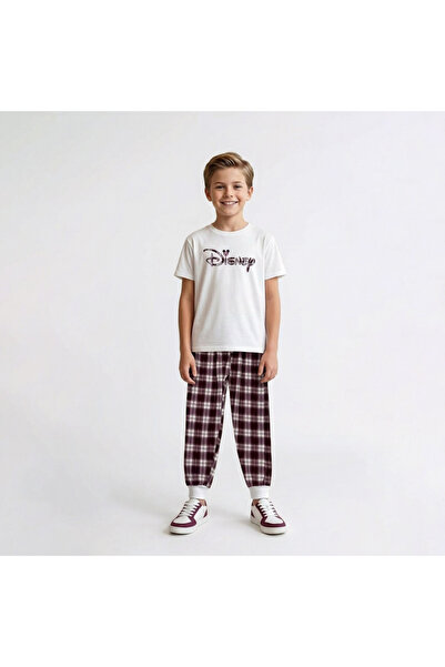 levanapajamas بيجامة أطفال ديزني – تيشيرت أبيض مع بنطال كاروهات خمري