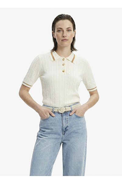 Fabrika Polo Yaka Regular Fit Saç Örgü Desenli Ekru Kazak Kadın F6SL-KZK0058