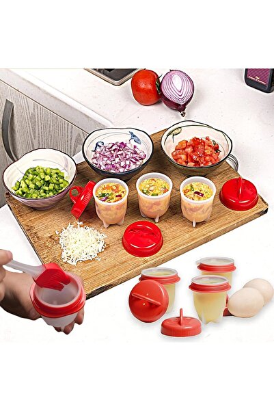 Generic Silicone Egg Cooker Set with Red Covers, Non-Stick Egg Boiler, 6 Pieces