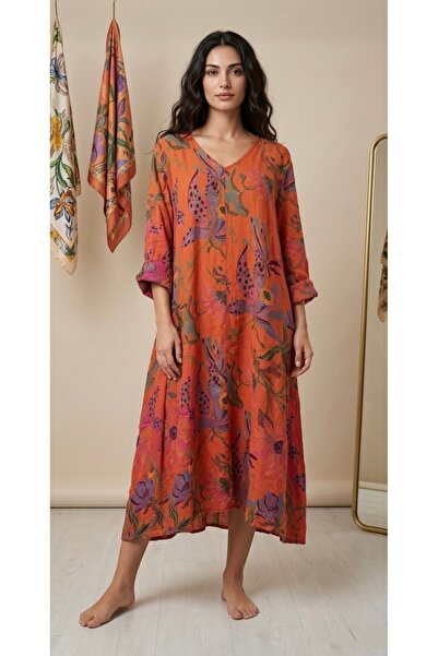 Rabiossa Women's Patterned Italian K Linen O Oversized Maxi Dress