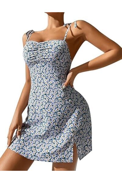 Generic Floral Print Mini Dress, Blue and White, Tie Shoulder Straps, Side Sl...