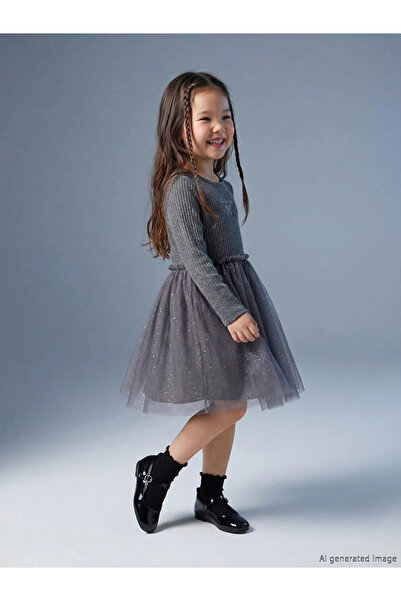 LC Waikiki Rochie tutu pentru fete, antracit, cu guler tip bicicletă și brode...