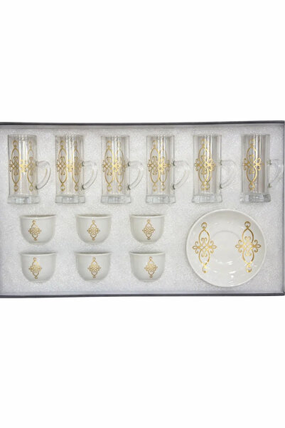 Urbanza 18 Piece Arabic Tea Cup Set Gold Pattern Glass Mugs with Bowls & Serv...