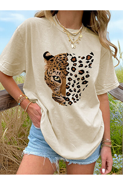 Velostra Γυναικείο Με λεοπάρ τύπωμα oversized Άνετο μπλουζάκι καθημερινής χρή...