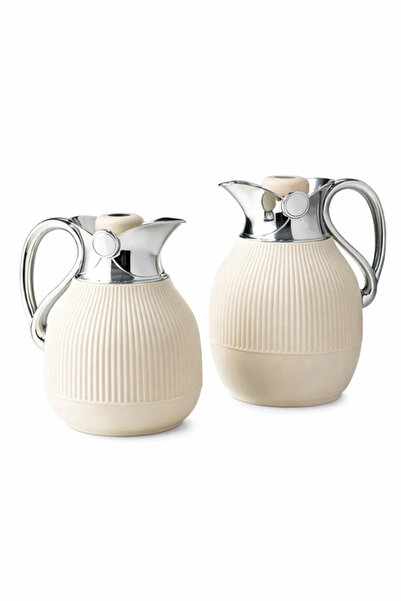 Urbanza 2 Pcs Beige Chrome Thermos Set Vacuum Flask Insulated Coffee Tea Cara...