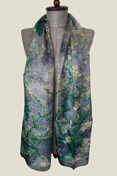 Pure Silk Atelier %100 Saf İpek Van Gogh Badem Çiçeği Desenli Lüks Fular - Sa...