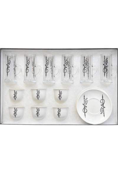 Urbanza 18 Piece Arabic Tea Set Clear Glass Cups with Black Pattern Bowls & S...