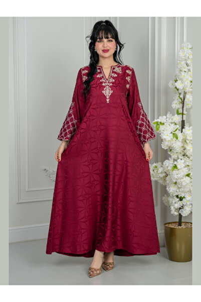 TREN Geometric Pattern Modest Evening Gown Embroidered Jacquard Long Sleeve A...