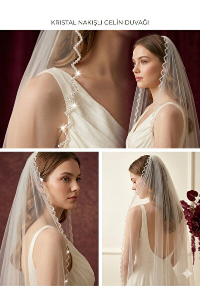 glapa Kristal Boncuk İşlemeli Gelin Duvağı 150x150 cm Kırık Beyaz