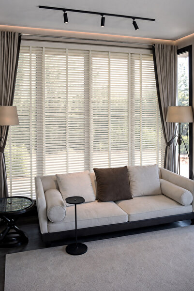 N.Luxury Kırık Beyaz 50mm %100 Gerçek Ahşap Jaluzi Perde Redüktörlü Zincir Me...