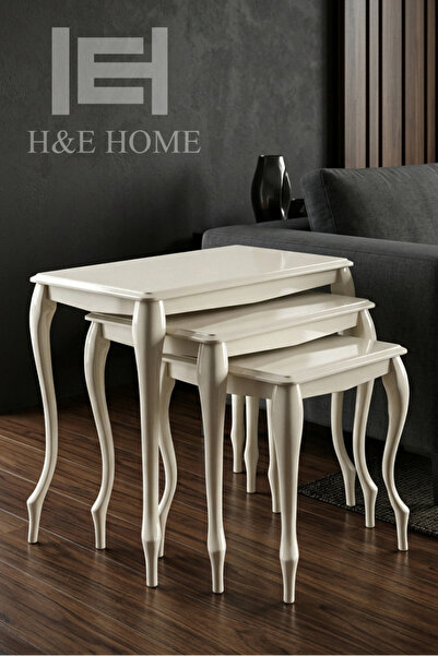 H&E Home Accessory 3’lü Krem Lake Zigon Sehpa Takımı – Gürgen Ayaklı, 1. Sını...