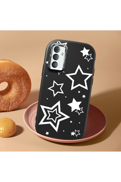 Hontinga Samsung Galaxy F23 Compatible Camera Protected Black Soft Silicone Phone Case with Star Pattern