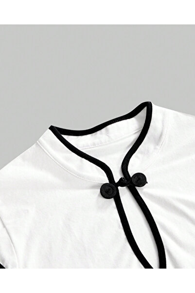 Toum Mandarin Collar China Motif Vintage Qipao Short Sleeve Cropped