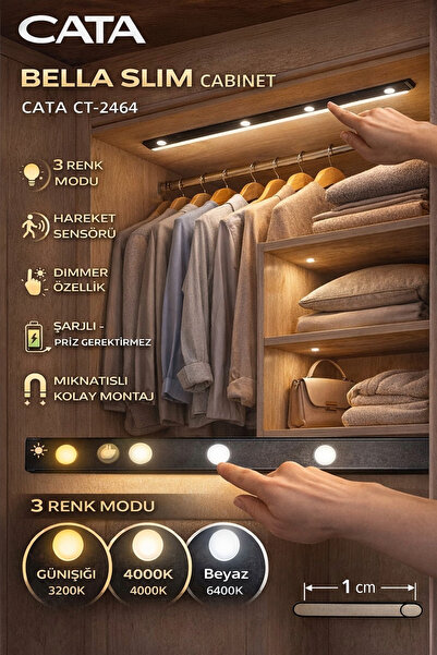 Cata 3W Led'li Mutfak ve Dolap İçi 3 Renk Mod'lu USB Şarjlı Sensörlü Armatür ...