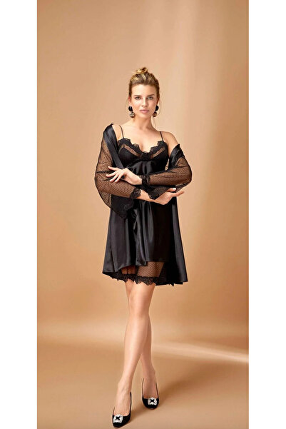 Slendos طقم روب نوم نسائي من الساتان مع كيمونا موديل دانتيل