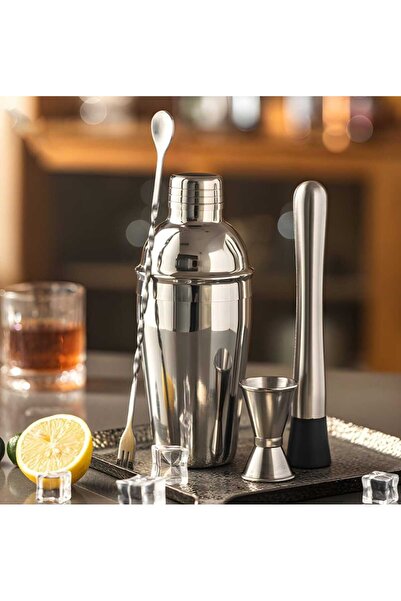 OEM Set Cocktail Shaker Kit, 6 piese, inox, argintiu, 700 ml, 25x9cm